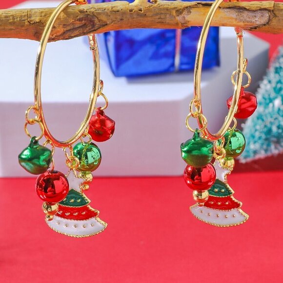 Christmas Themed Multi Charm Hoop Earrings, Bell and Christmas Tree Design - Picture 1 of 2